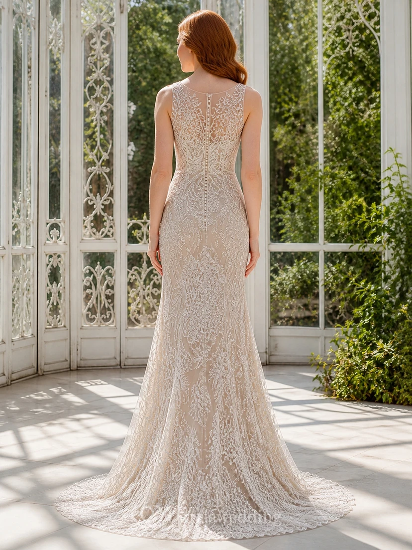 Vestido de novia modesto estilo sirena, sin mangas, con cuello alto y encaje festoneado view 2