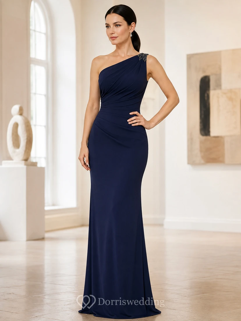 Modern Petite Dark-Navy One-Shoulder Sleeveless Jersey Sheath Floor-Length Evening Gown