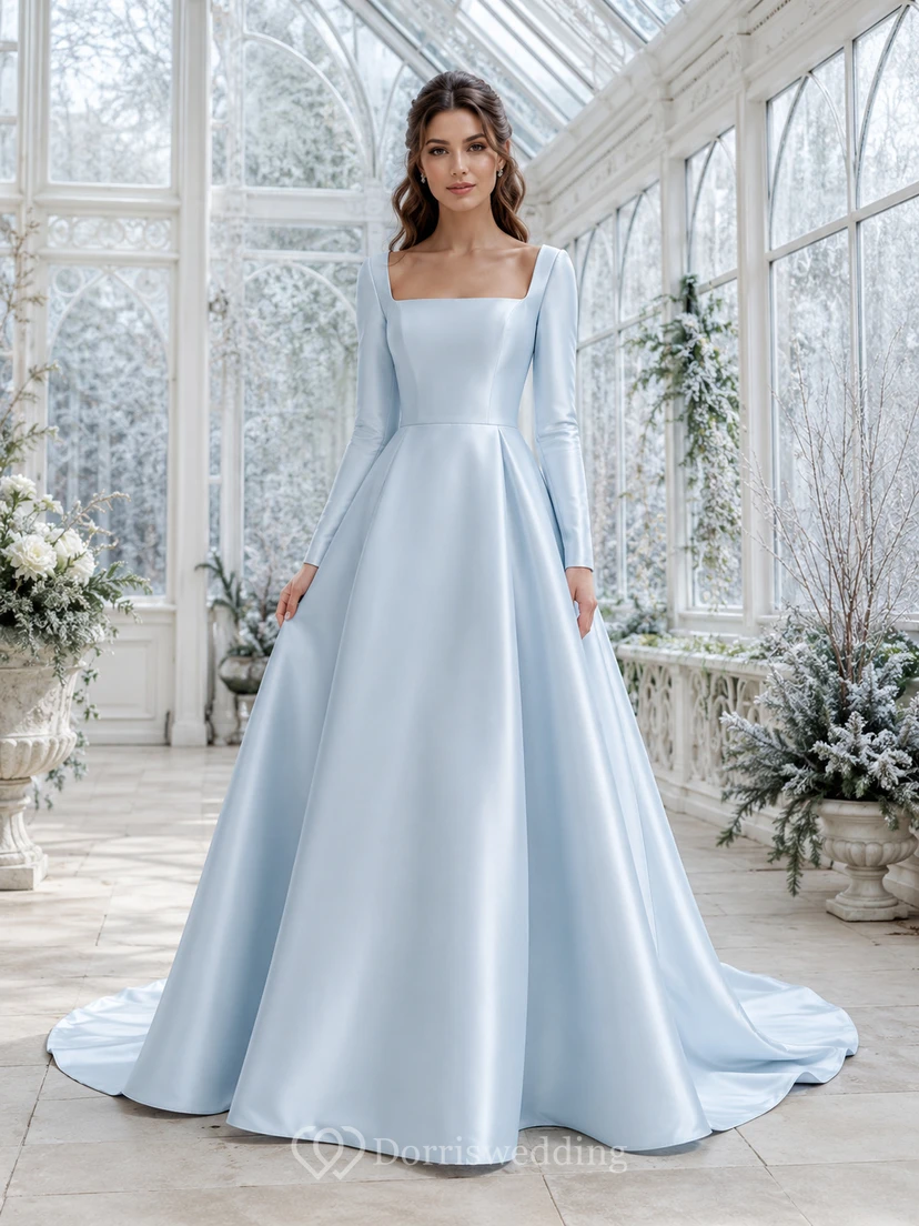 Robe de mariée bleu poudré en satin satiné, col carré, manches longues, coupe trapèze