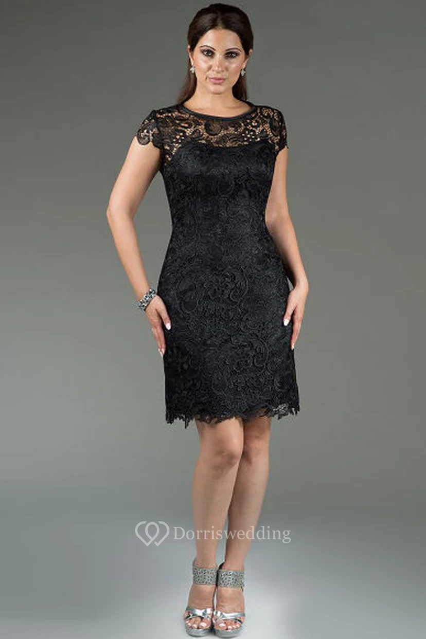 Vestido de novia de manga corta, escote redondo, corte recto, largo hasta la rodilla, ideal para la madre de la novia, con encaje integral.