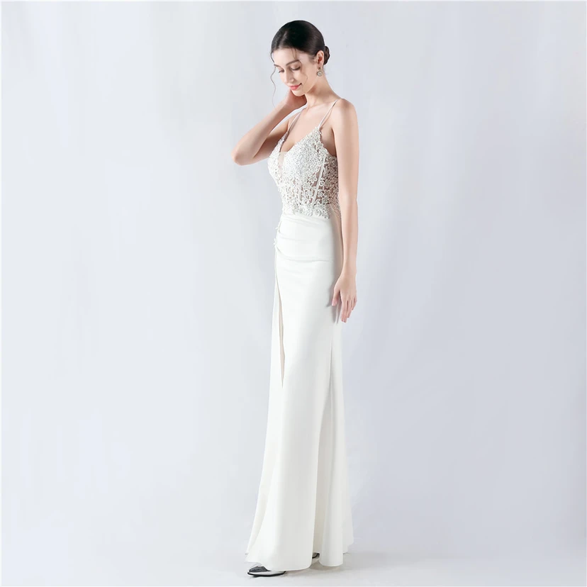 Heavy Hot Diamonds And Flower-Set Waisted Fishbone Satin Evening Dress Annual Meeting Wedding view 4