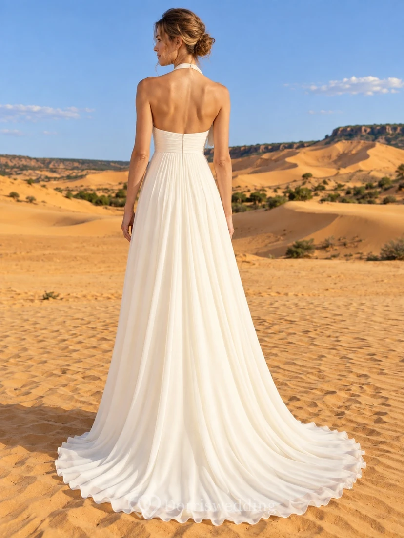 Empire Halter V Neck Crepe Wedding Dress with Pleated Bodice and Court Train view 2