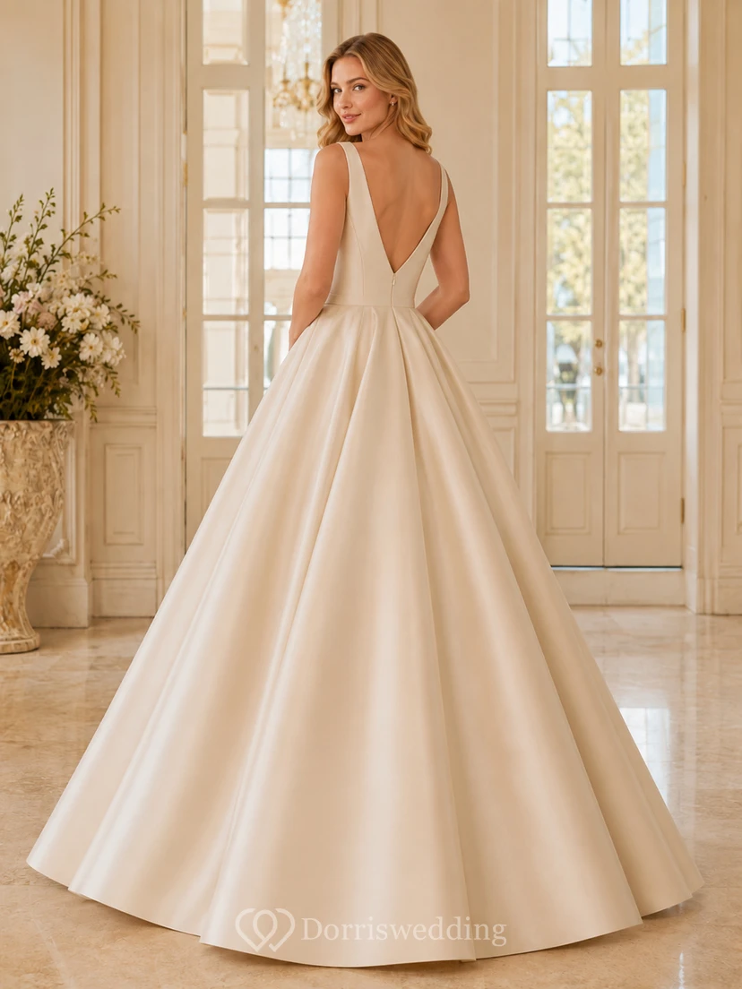 Champagne Minimalist Deep V Neck Strap Clean Mikado Quinceanera A-Line Formal Gown view 2