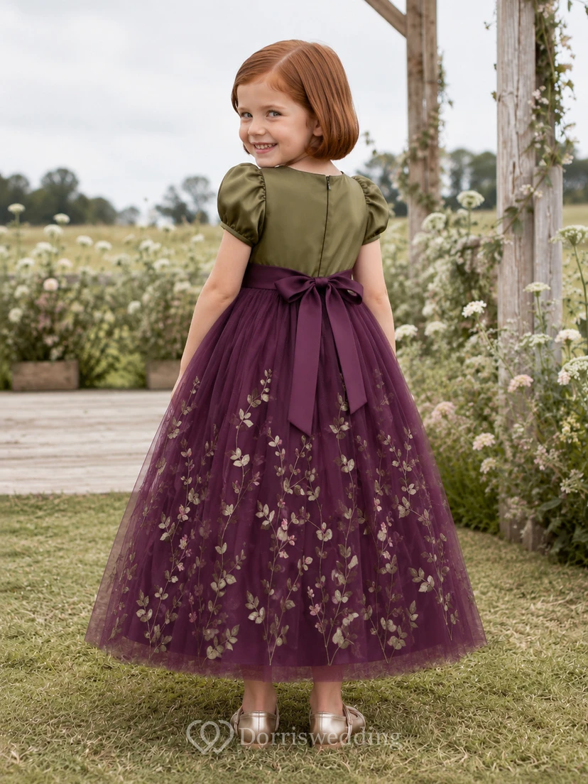 Flower Girl Dress A-Line Burgundy Olive Floral Tulle Puff Sleeve Party view 2