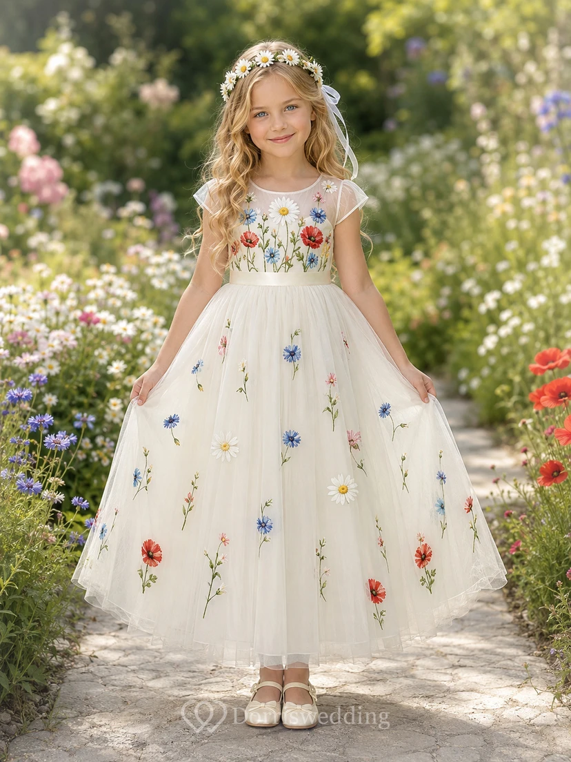 Elegantes, blumenbesticktes Tüllkleid mit kurzen Ärmeln, Teelänge, für Blumenmädchen und Gartenpartys