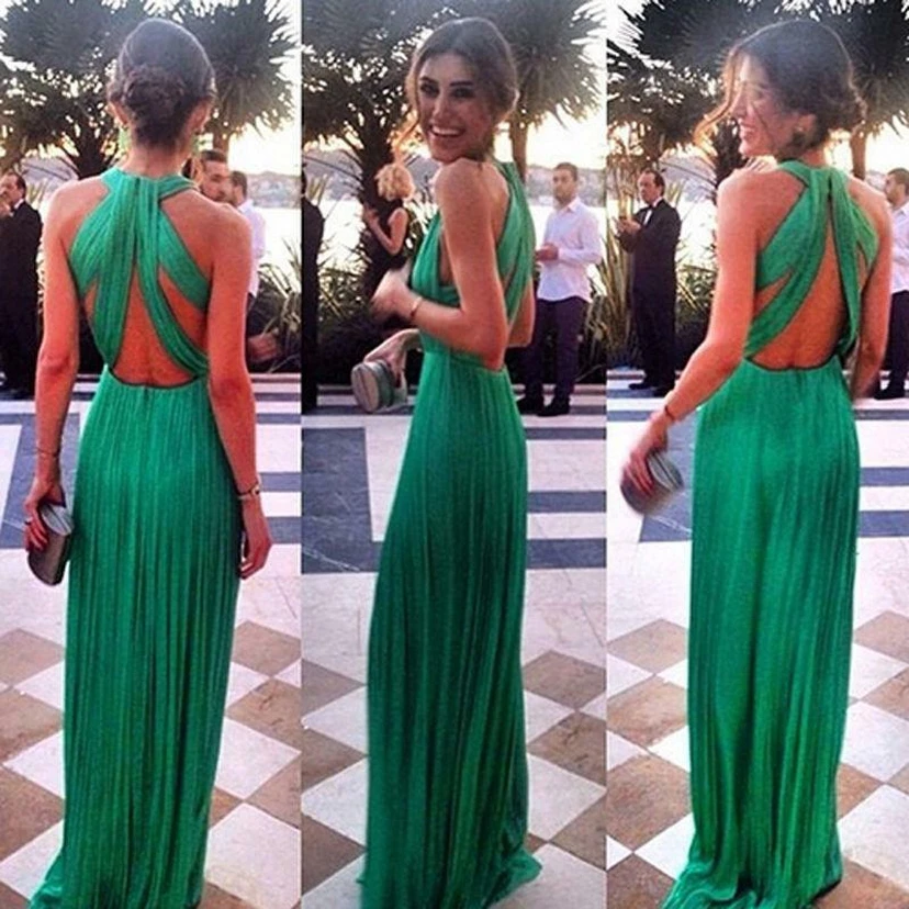 Robe de soirée longue et élégante en mousseline verte, dos nu croisé. view 4