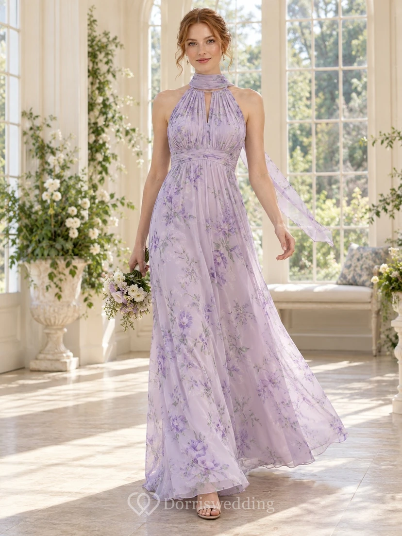 Lilac Floral Print High-Neck Scarf Draped Floor-Length Chiffon Bridesmaid Dress