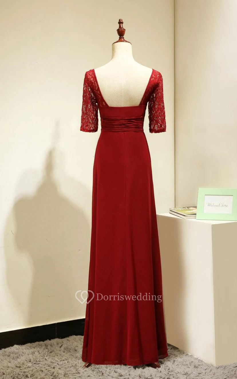 Backless Lace Half Sleeve Pleated A-line Chiffon Long Dress Red view 2