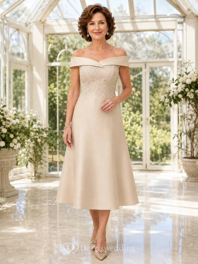 Elegantes, champagnerfarbenes Satin-Abendkleid für kleine Mütter: schulterfrei, kurze Ärmel, A-Linie, Teelänge