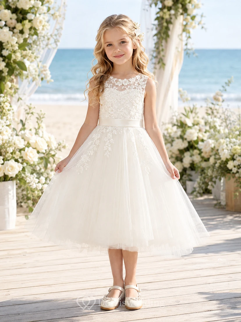 Elegante y modesto vestido de niña de las flores, cuello alto, mangas cortas, encaje, tul, largo hasta la rodilla, lazo en la espalda.