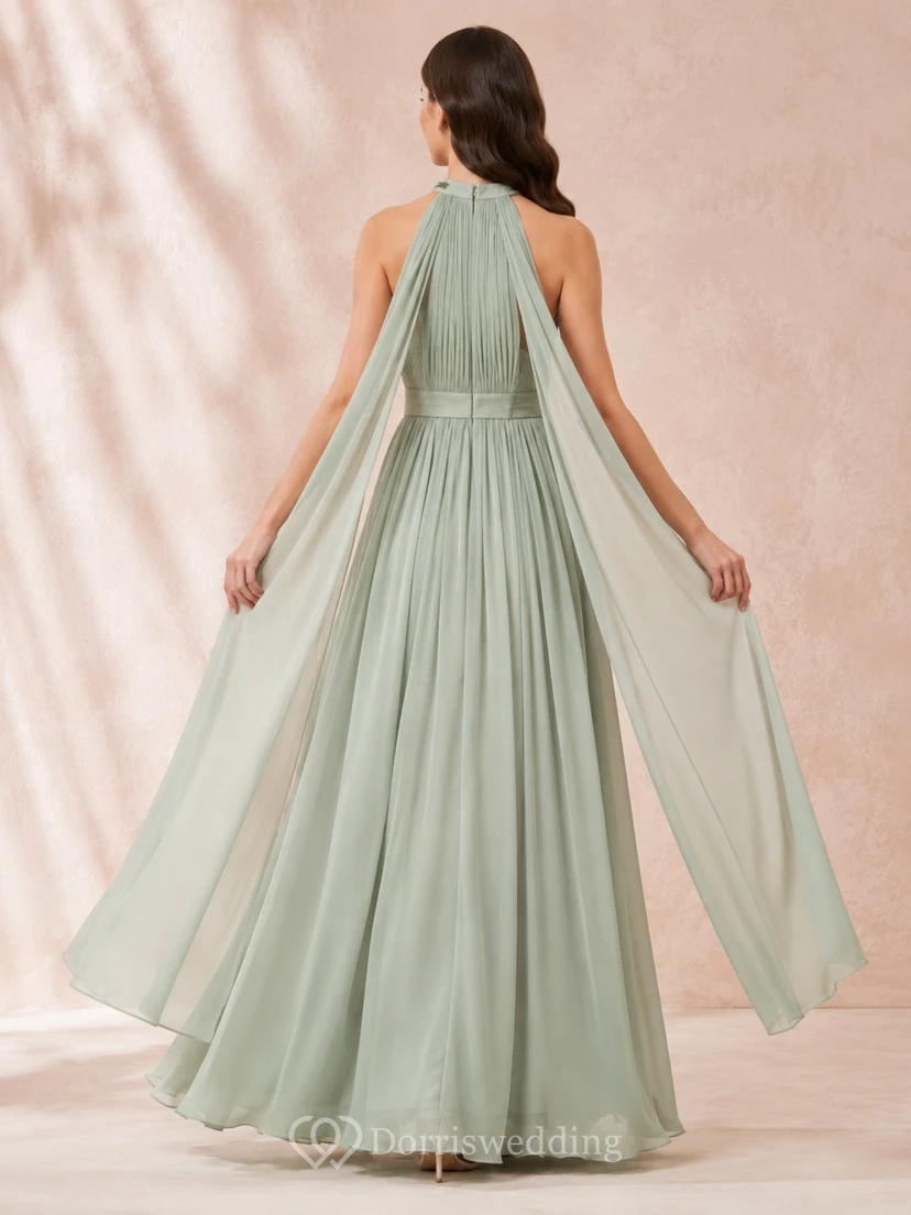 Modest High Neck Cape Chiffon A-Line Floor Length Formal Dress view 2