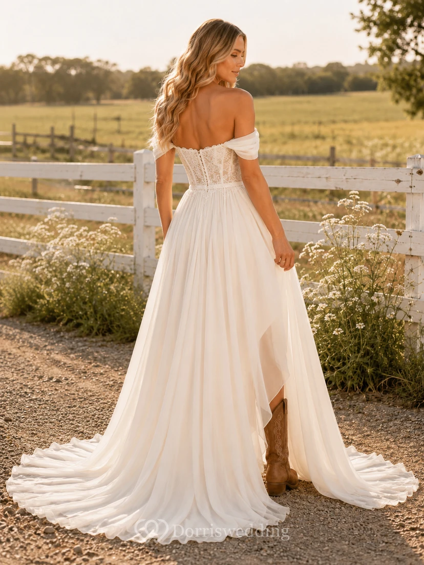 Robe de mariée de maternité, col carré, manches cloche amovibles, coupe trapèze, style champêtre view 2
