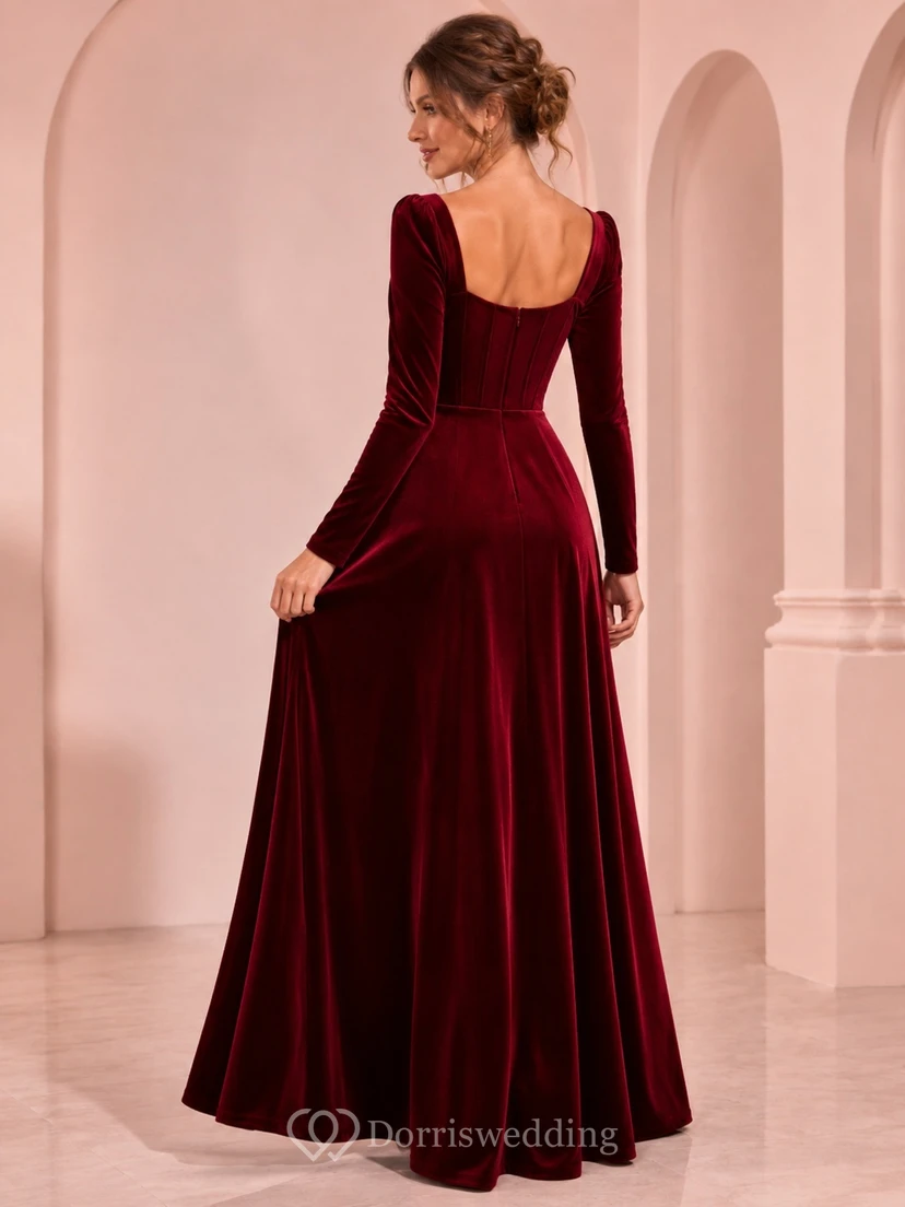 Burgundy Long Sleeve Sweetheart Velvet A-Line Floor-Length Modest Winter Evening Gown view 2