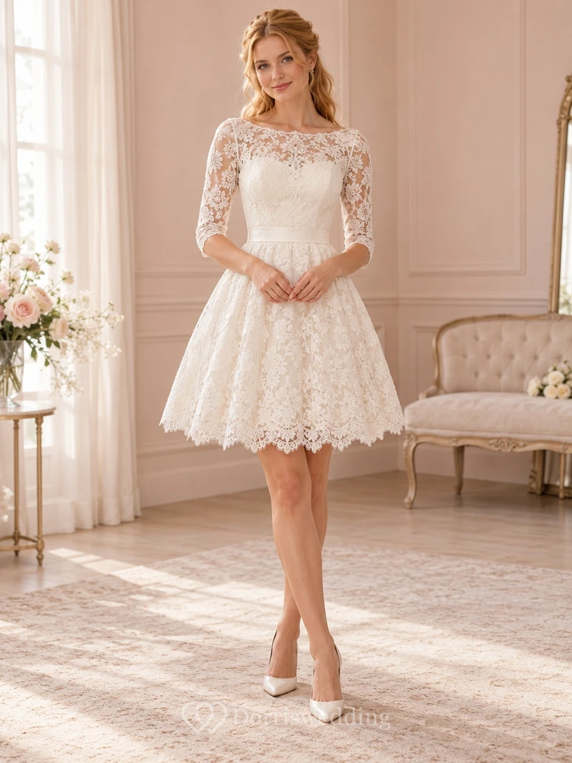 Short Bateau Neck Three Quarter Sleeve Lace A-Line Wedding Dress