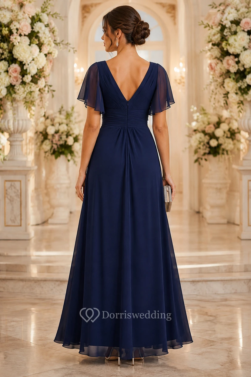 Chiffon-Abendkleid in A-Linie mit flatternden Ärmeln und V-Ausschnitt view 2