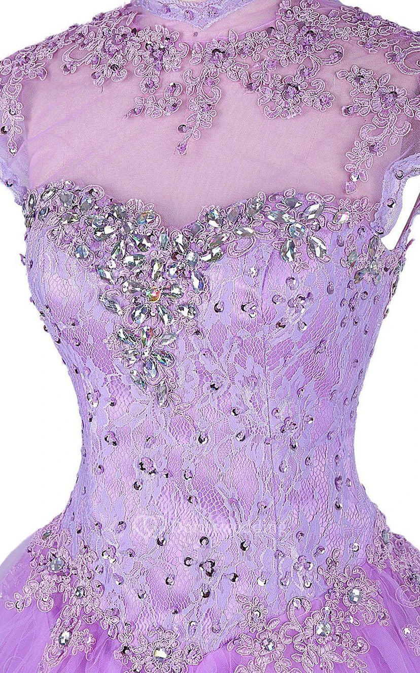Cap-sleeved A-line Ballgown With Beadings and Illusion view 4