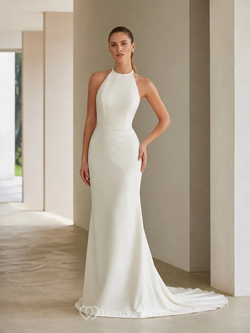 Minimalist Satin Wedding Dress Mermaid Halter Sleeveless Sweep Train Bridal Gown