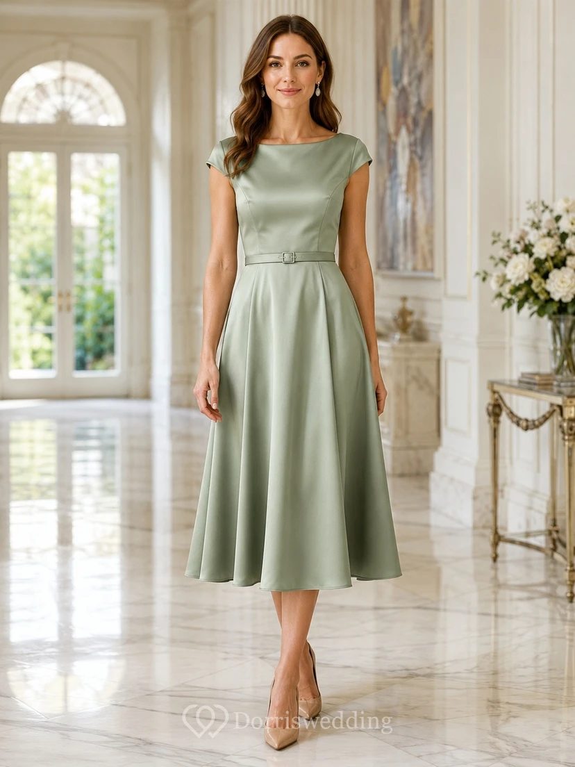 Robe midi élégante en satin sauge, col rond, manches courtes, coupe trapèze, longueur thé