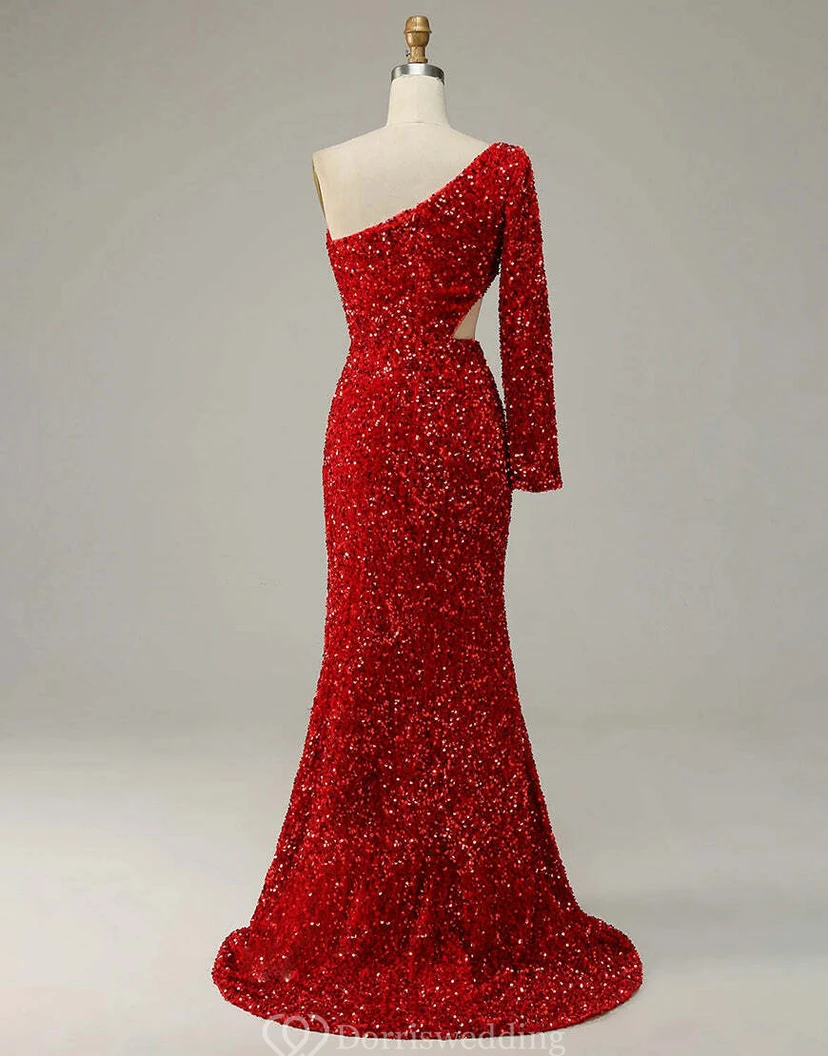 Robe deux-pièces rouge vif à une épaule et sequins view 3