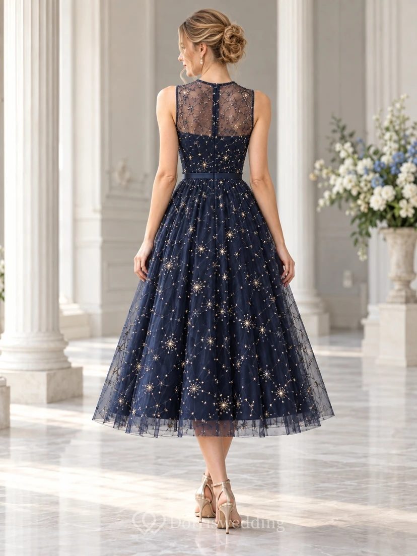 Dark Navy High Neck Star Embroidered Sleeveless Tea-length Dress view 2