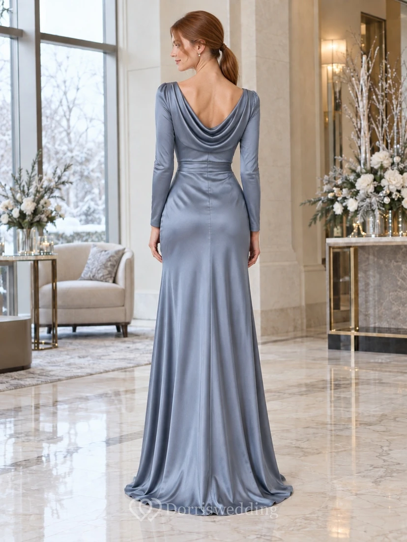 Winter Wedding Steel Blue Satin Cowl-Neck Long Sleeve Floor-Length Bridesmaid Dress view 2