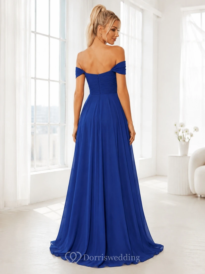 Royal Blue Short Sleeve Off-Shoulder Floor-Length Chiffon A-Line Dress view 2
