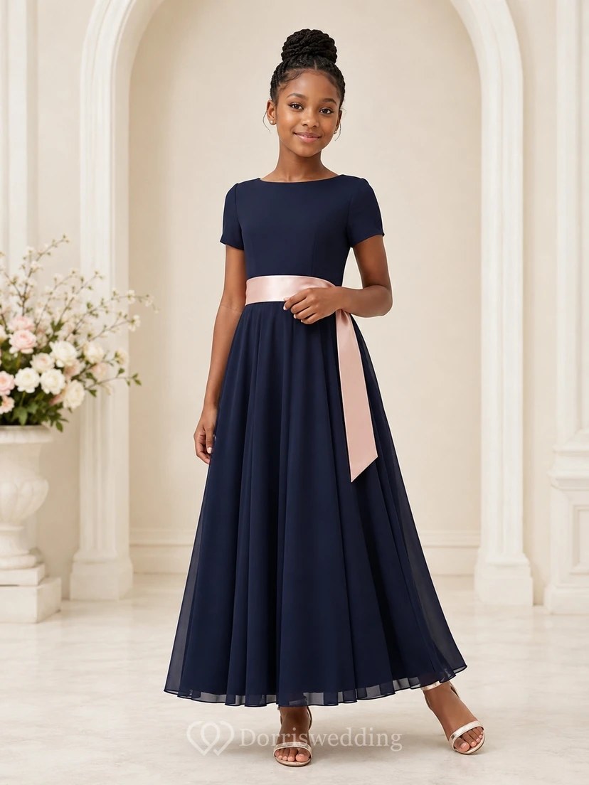 Dark Navy Junior Bridesmaid Dress A-Line Jewel Short Sleeve Chiffon Contrast Sash Elegant