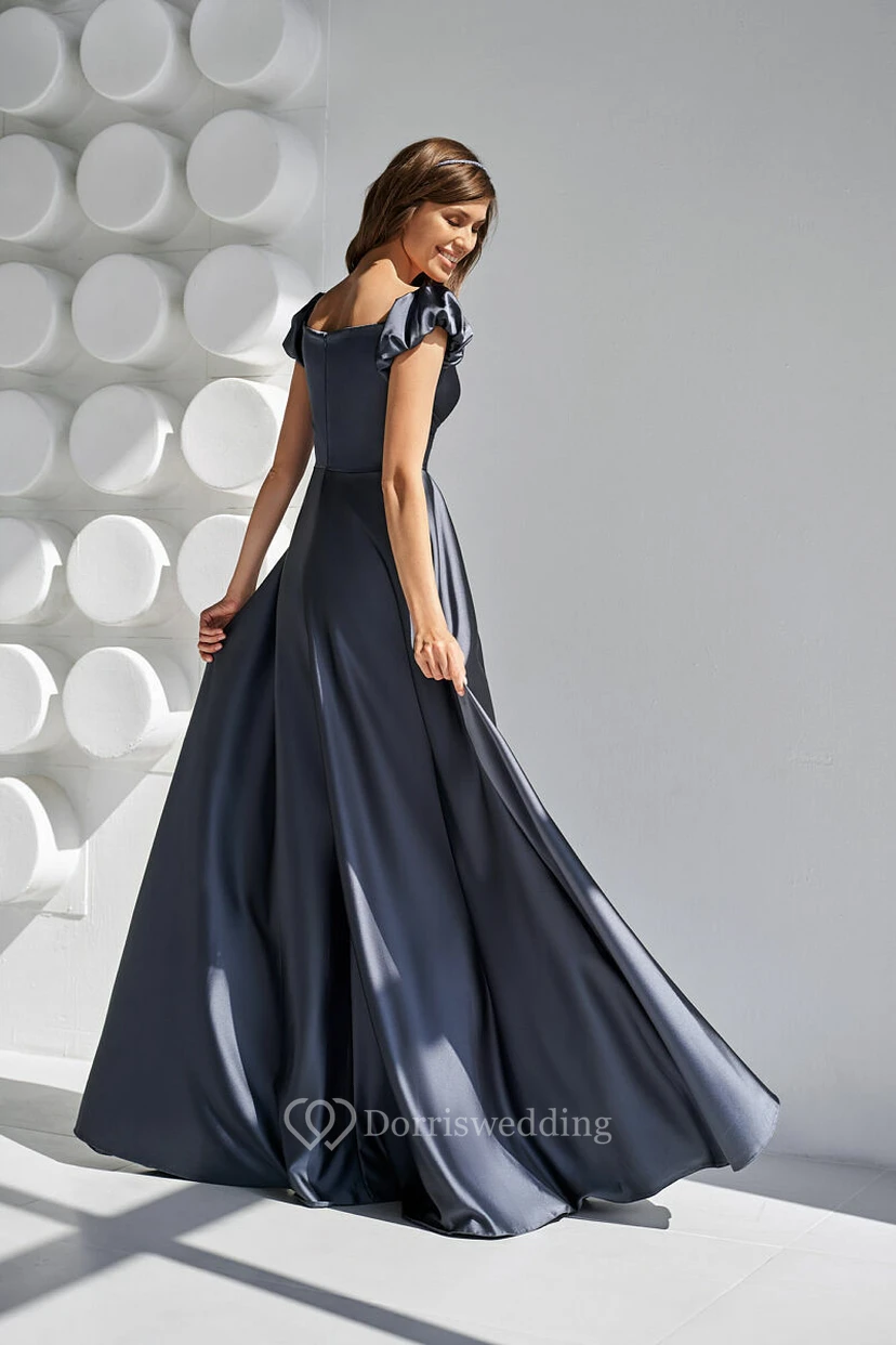 Silver Cap Cowl-neck Ruched A-line Front Split Dress view 2