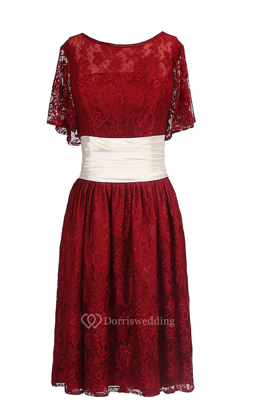 Half-sleeved A-line Lace Dress With Ruched Waist view 2