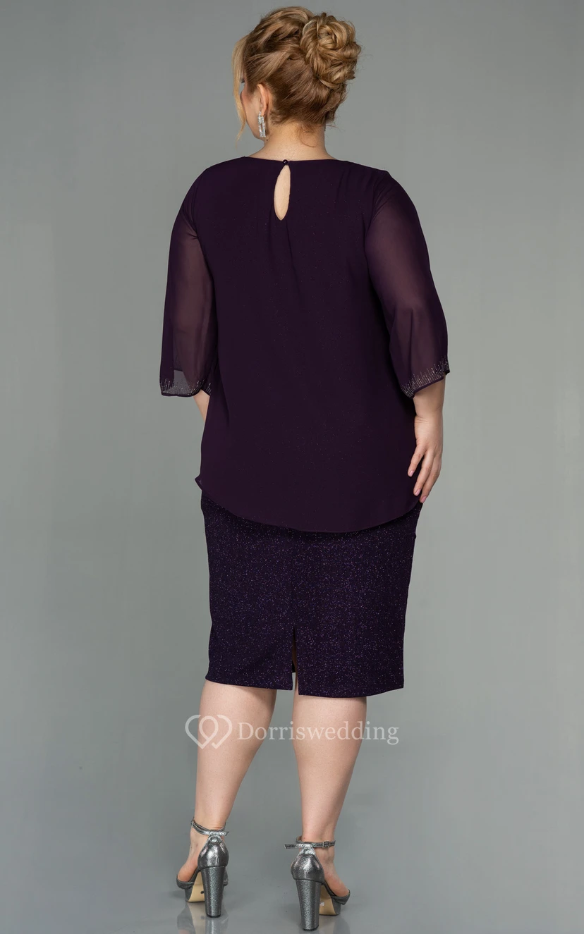 Bateau-neck Long Sleeve Pencil Knee-length Sequin Plus Size Mother of Bride Dress view 6