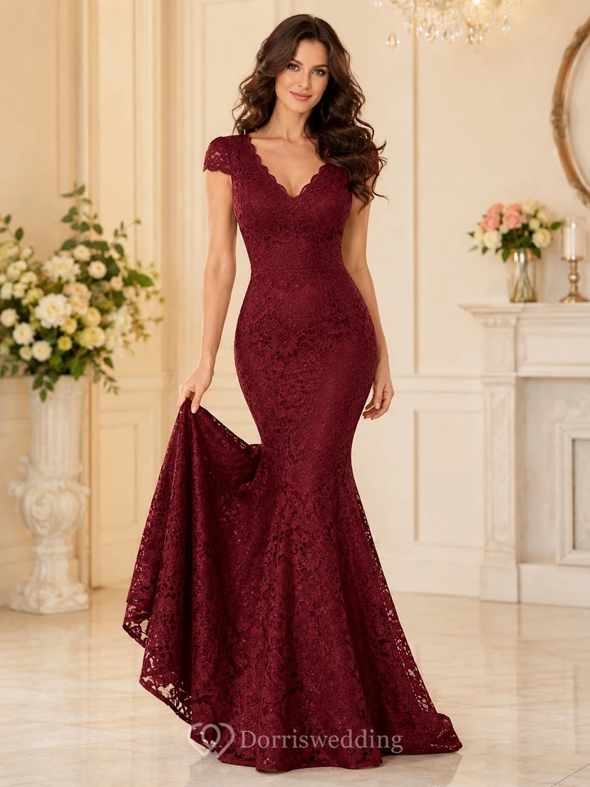 Burgundy Velvet V-Neck Cap-Sleeve Mermaid Sweep-Train Formal Dress