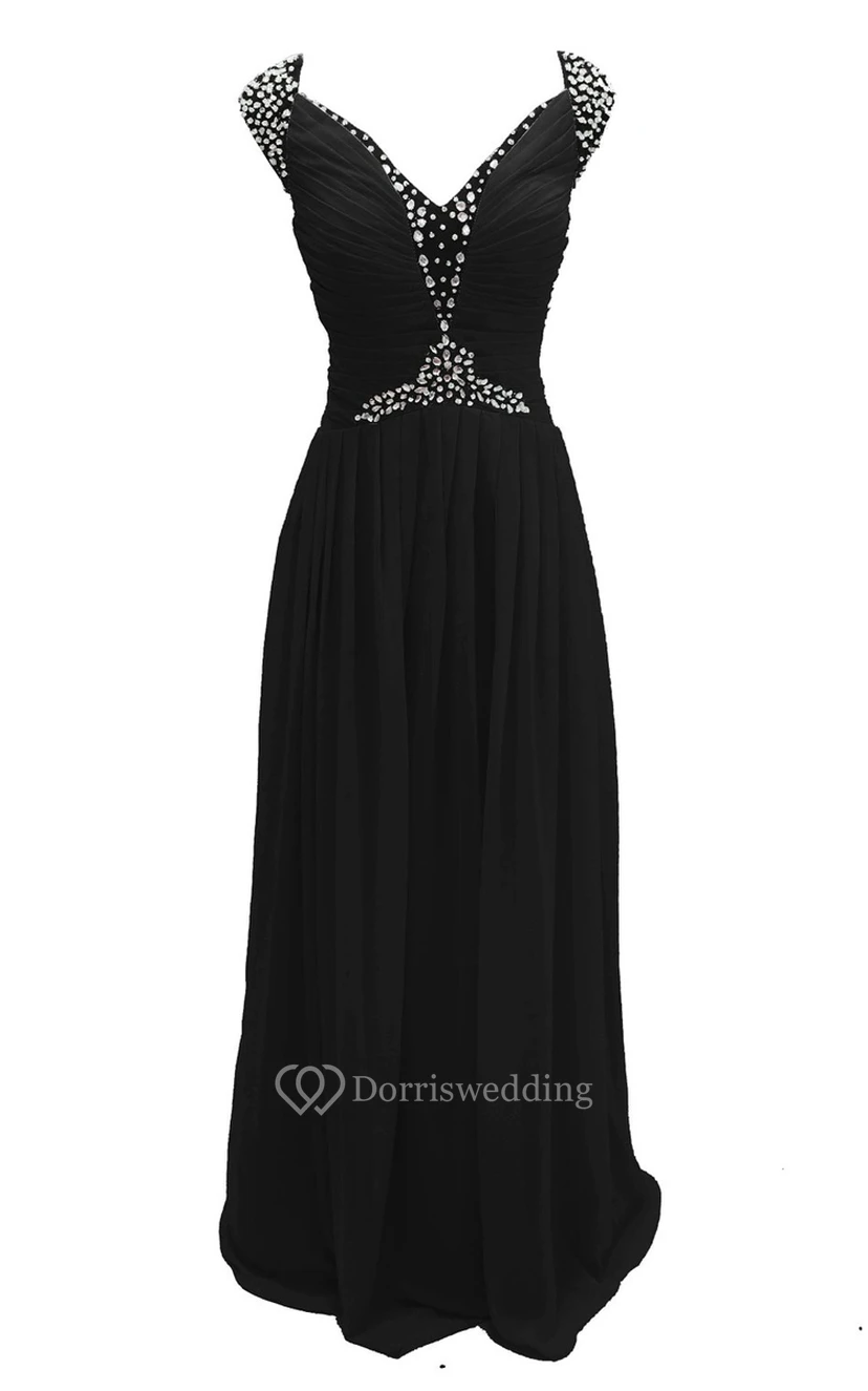Cap-sleeve V-neck Chiffon A-line Gown With Crystal Detail view 7