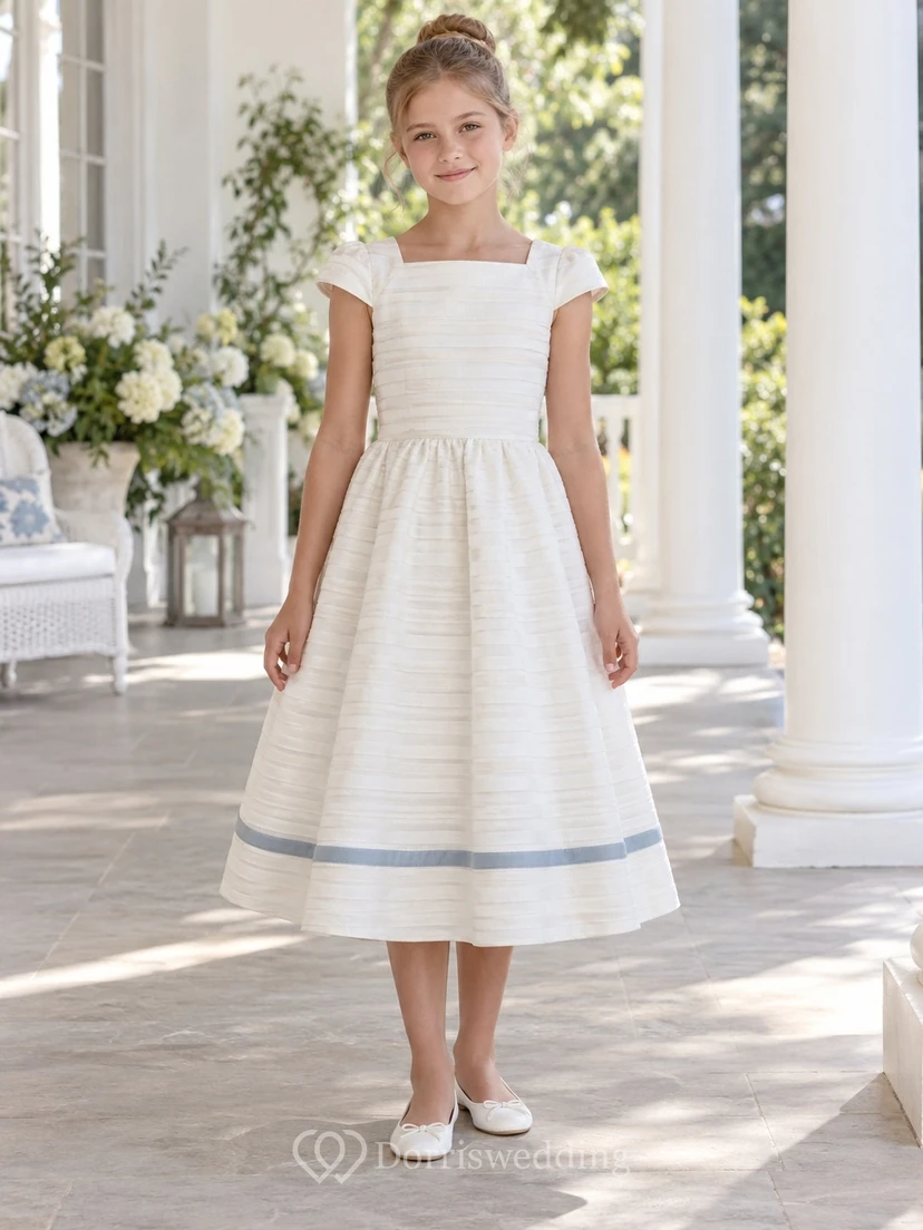 Square Neck Tea-length Ivory Patterned Stripe Cap Sleeve Gathered Blue-Trimmed A-Line Flowergirl Dress