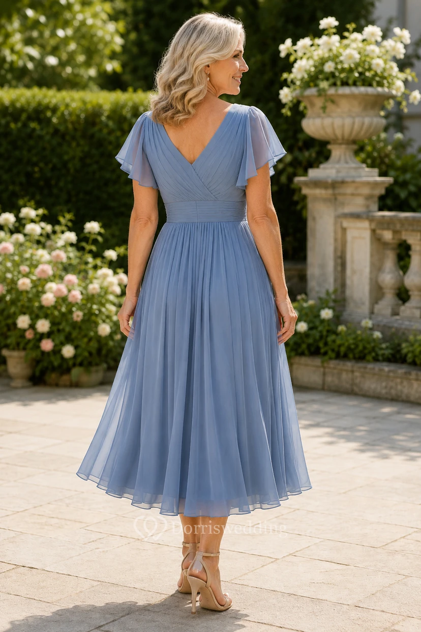 Stahlblaues Chiffon-Kleid mit V-Ausschnitt und Teelänge für Mütter view 2