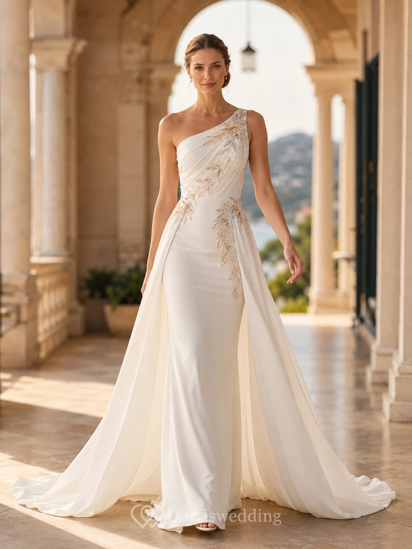 Modernes Brautkleid in Roségold mit drapiertem Etui-Schnitt, One-Shoulder-Ausschnitt, ärmellos, bodenlang, mit Schleppe