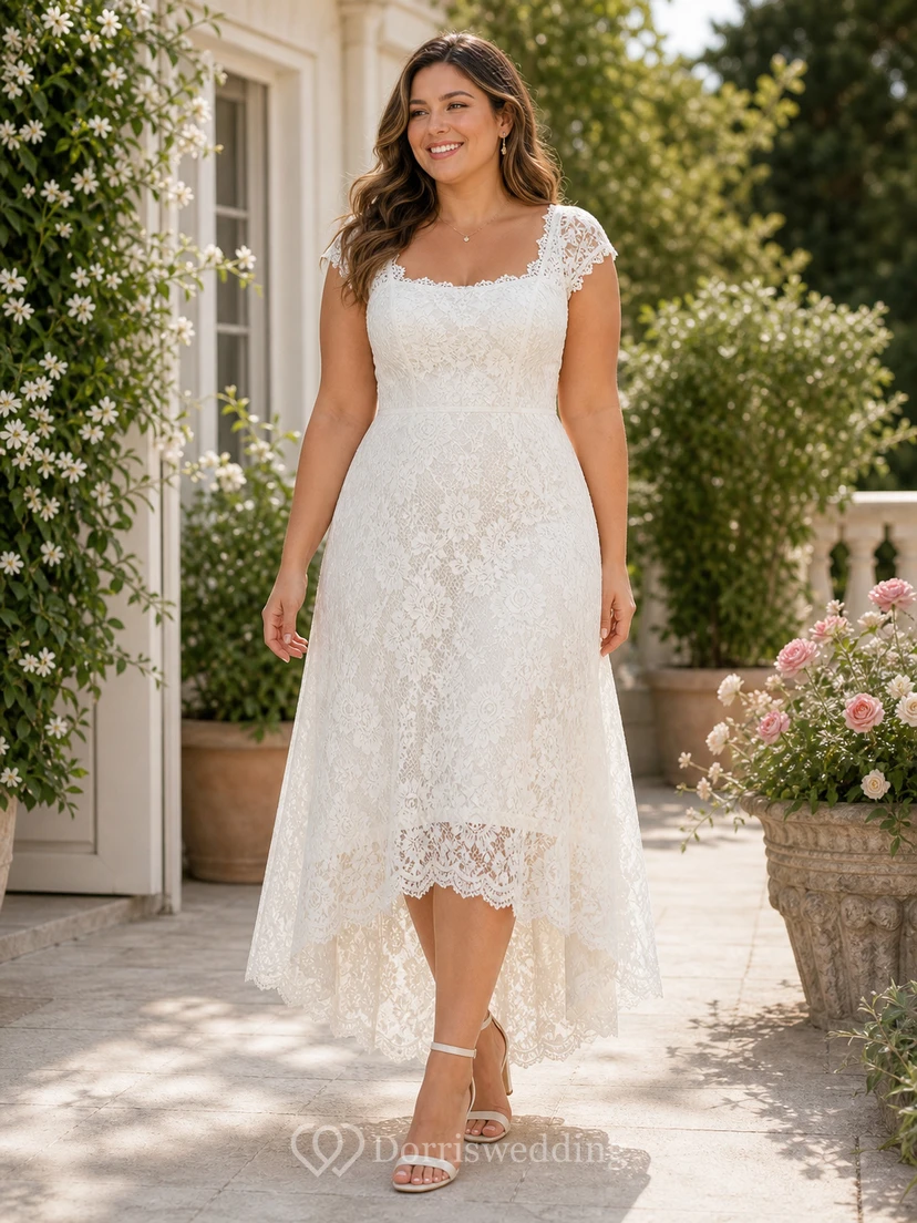 Elegantes Brautkleid aus Spitze mit hohem/tiefem U-Ausschnitt, kurzen Ärmeln und schlichter Eleganz view 3