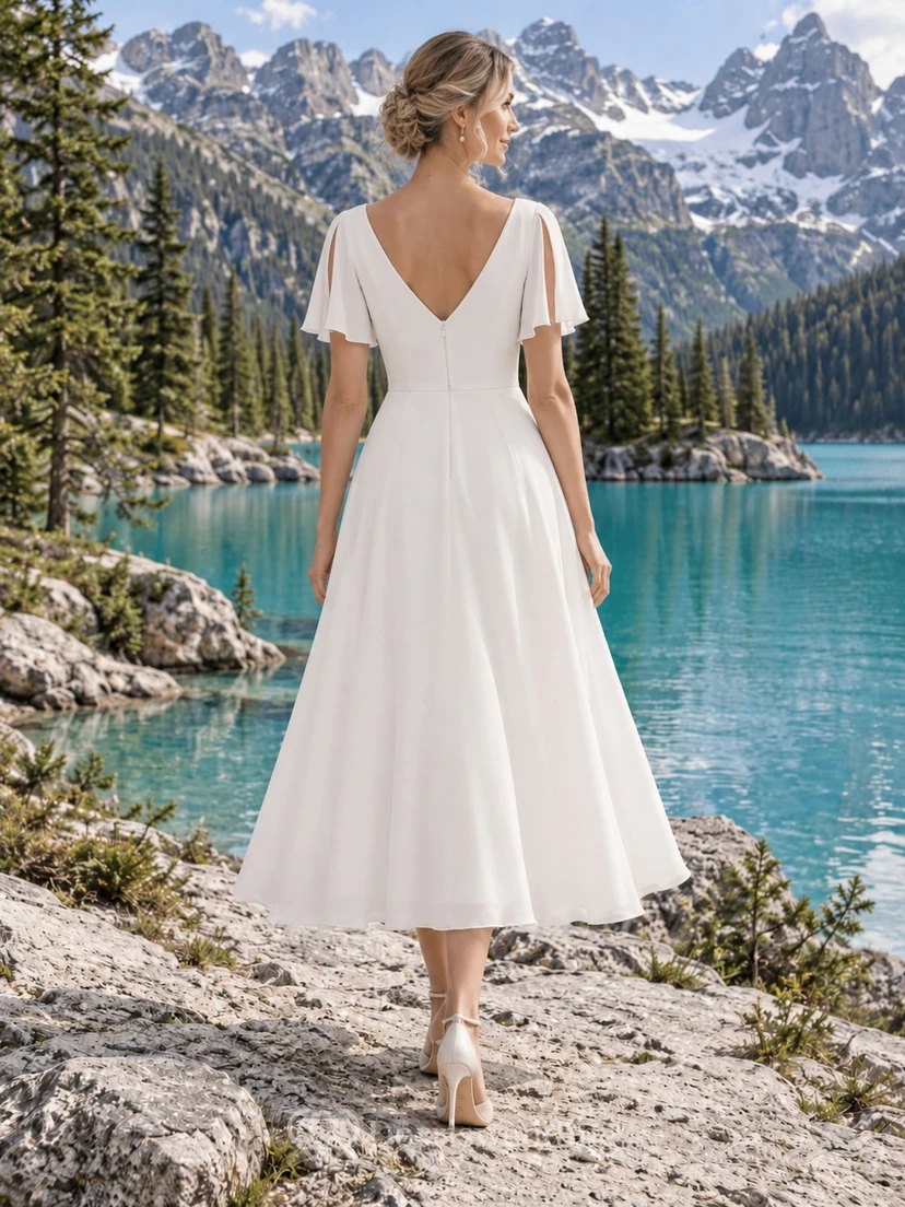 Sencillo vestido de novia de largo midi con escote barco, mangas cortas con abertura y falda en línea A. view 2