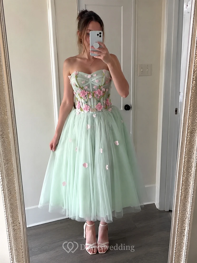 Ivory Strapless Cocktail Dress with Floral Appliqué view 10