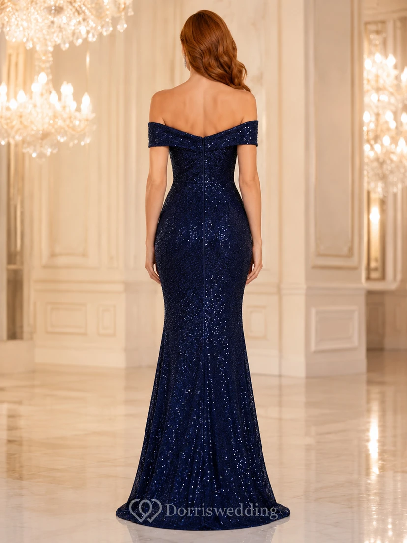 Dunkelblaues Pailletten-Meerjungfrauenkleid mit schulterfreiem Look, Reißverschluss hinten view 2