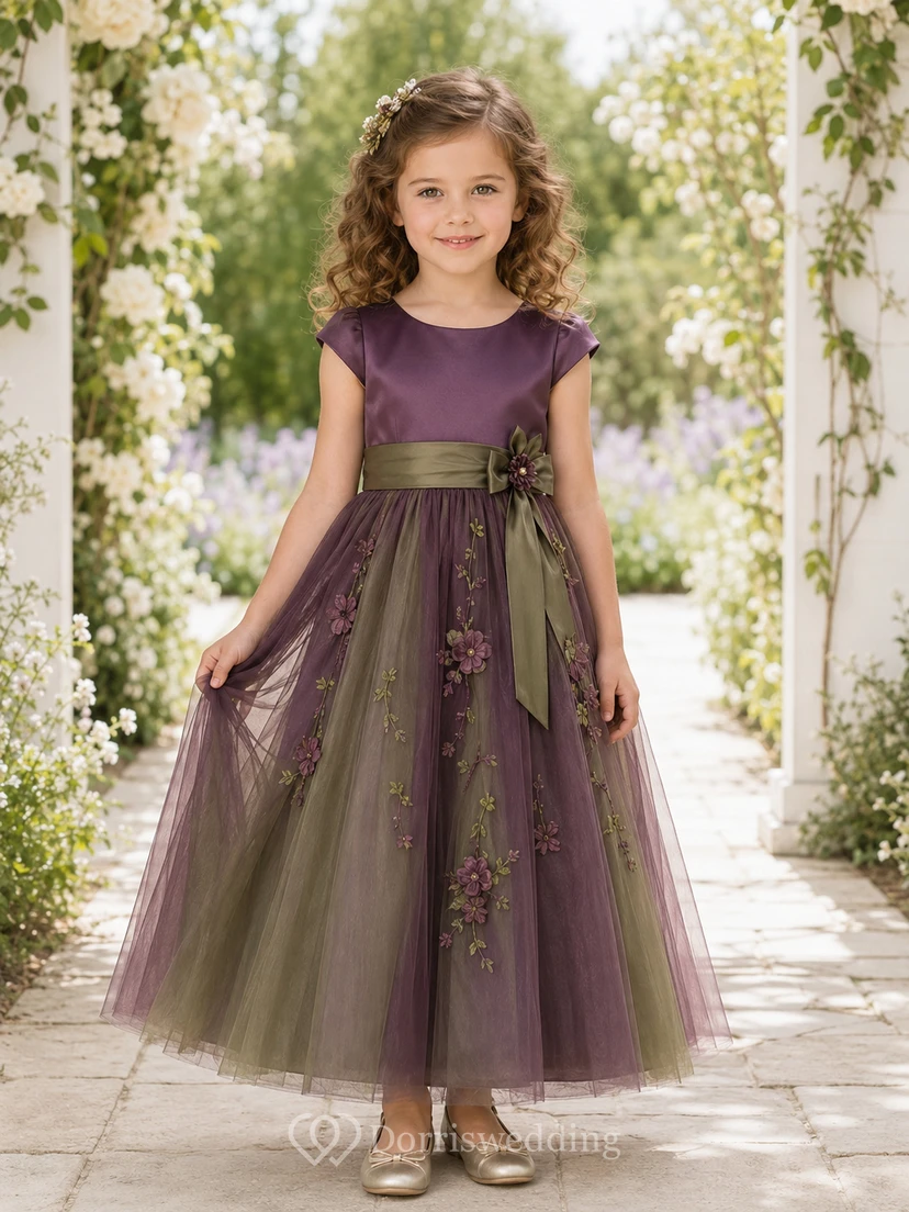 Flower Girl Dress A-Line Plum Olive Tulle Floral Sash Short Sleeve Wedding