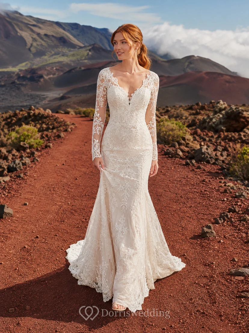 Robe de mariée sirène en dentelle à manches longues et col en V, traîne balayée, entièrement en dentelle.