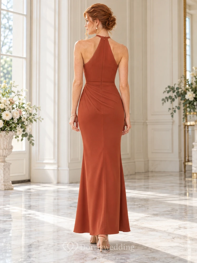 Simple Rust Halter Draped Fitted Ankle-length Wedding Guest Dress view 2