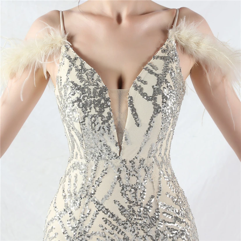 9-farbiges, handgefertigtes Abendkleid aus Kamelfedern, Netzstoff und Pailletten, sexy Trägern view 38