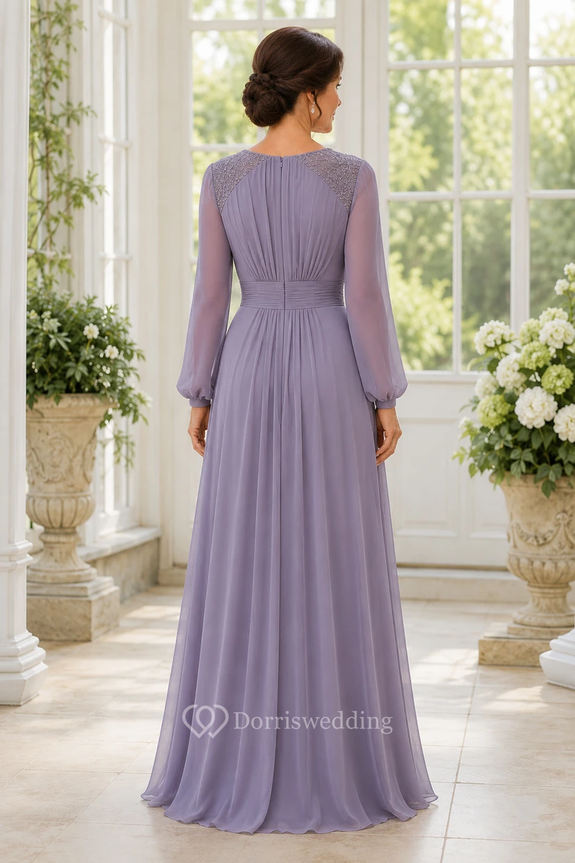 Robe de mère en mousseline lilas à manches longues, coupe trapèze, corsage plissé view 2