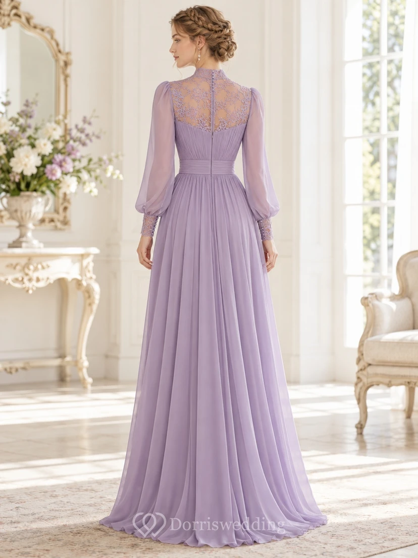 Vestido de dama de honor vintage de gasa con encaje lavanda, cuello alto y manga larga view 2