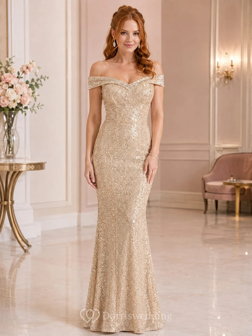 Champagne Petite Off-the-Shoulder Sleeveless Sequin Sheath Floor-Length Evening Dress
