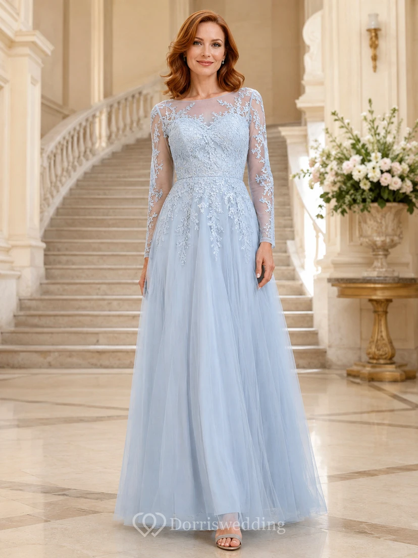 Sky Blue Illusion Lace Tulle A Line Formal Dress