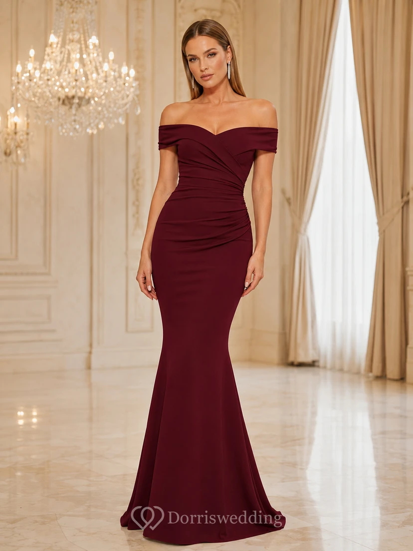 Burgundy off shoulder ruched mermaid floor length formal gown