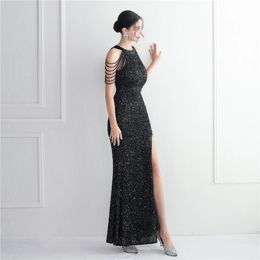 Heavy-Duty Glass Bead Craft Beaded Banquet Evening Dress Temperament Elegant Long Halter Neck Slit Sequins view 64