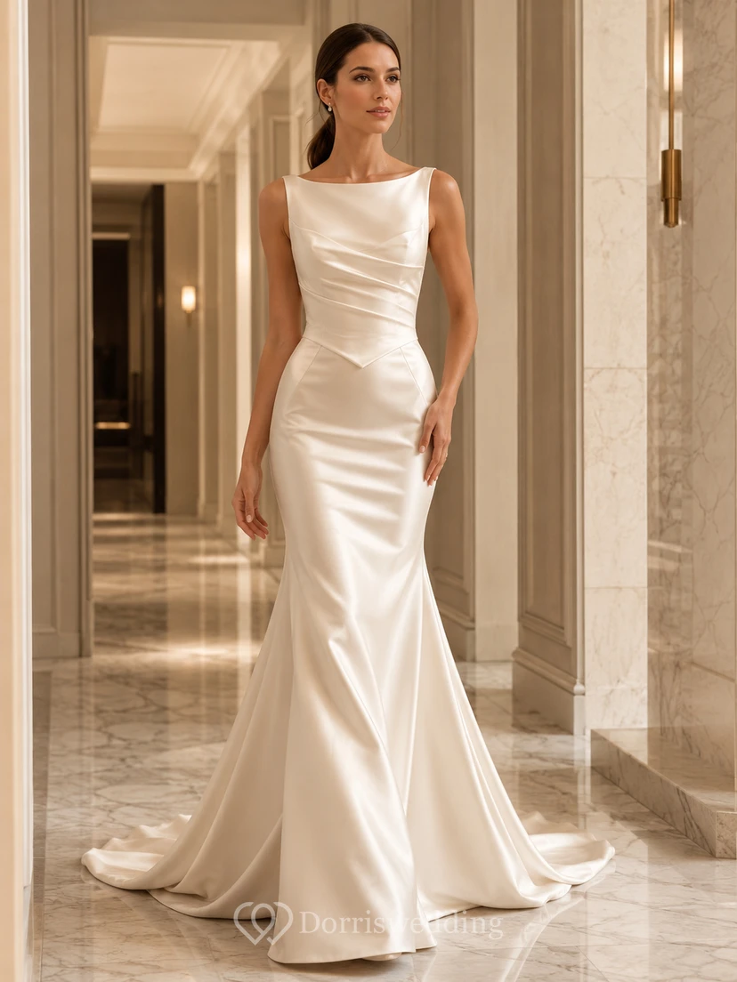 Robe de mariée sirène en satin champagne à col bateau et fronces